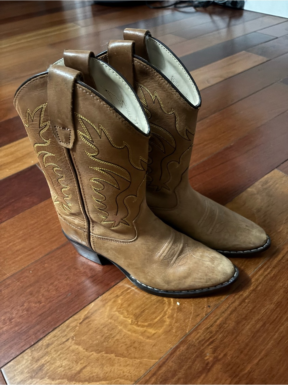 Old West Tan Brown Girls Western Cowboy Boots with Stitch Detail